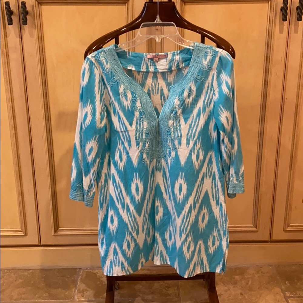 Calypso ikat turquoise cotton tunic XS
